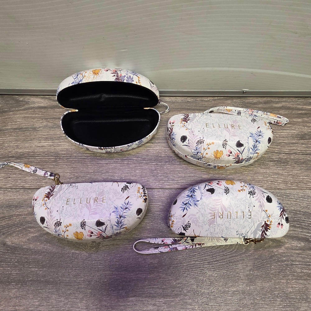Ellure Floral Hard Eyeglass Case with Wristlet Strap White Botanical set of 4